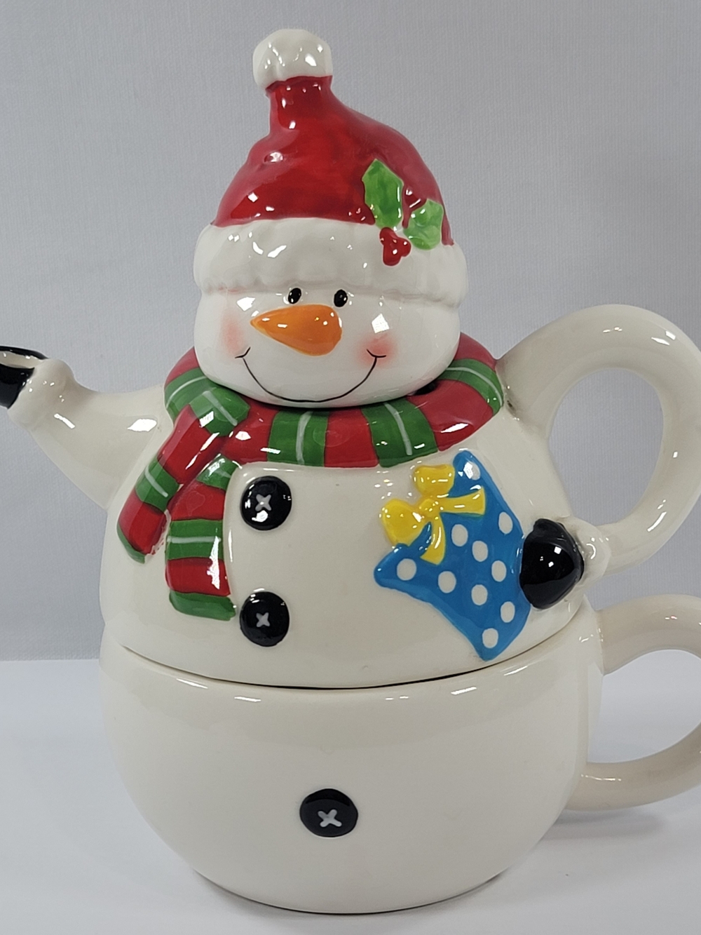 Ceramic Snowman Teapot and Mug Set - White with Red & Green Accents